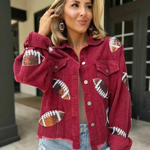 Step up your game day style with our Football Sequin Corduroy Jacket in Maroon! This bold, deep burgundy shade is sure to catch eyes in the crowd, while the lightweight corduroy keeps you comfy during those crisp fall days or early morning practices. Perfect for adding a playful, standout touch to your wardrobe, this jacket will have you feeling confident and ready to cheer on your team in style. Get ready to be the star of the stands!