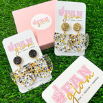 Everything is better with a little Funfetti!!   Be bold in black + gold, while adding a little sparkle and shine to your jewelry box with our super sweet multi colored Funfetti Stud Dangle Earrings.  It's the perfect everyday dangle that everyone can wear. 