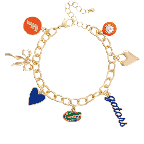 Celebrate your Florida Gators spirit with this playful Enamel Icons Charm Bracelet in shiny gold. Adorned with colorful enamel charms that capture the essence of your favorite team, it’s the perfect accessory to brighten your day and show off your school pride wherever you go. Pre-order now and get ready to wear your Gators love in style!