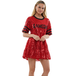 Sparkle and Shine while on the sidelines!  Show your love for the game and cheer on your favorite team in our NEW GameDay Baby Doll Sequin Dress!  It pairs perfectly with your favorite pair of white or black cowboy boots or when tailgate temperatures drop, add your favorite black leggings + booties and your game day ready! 