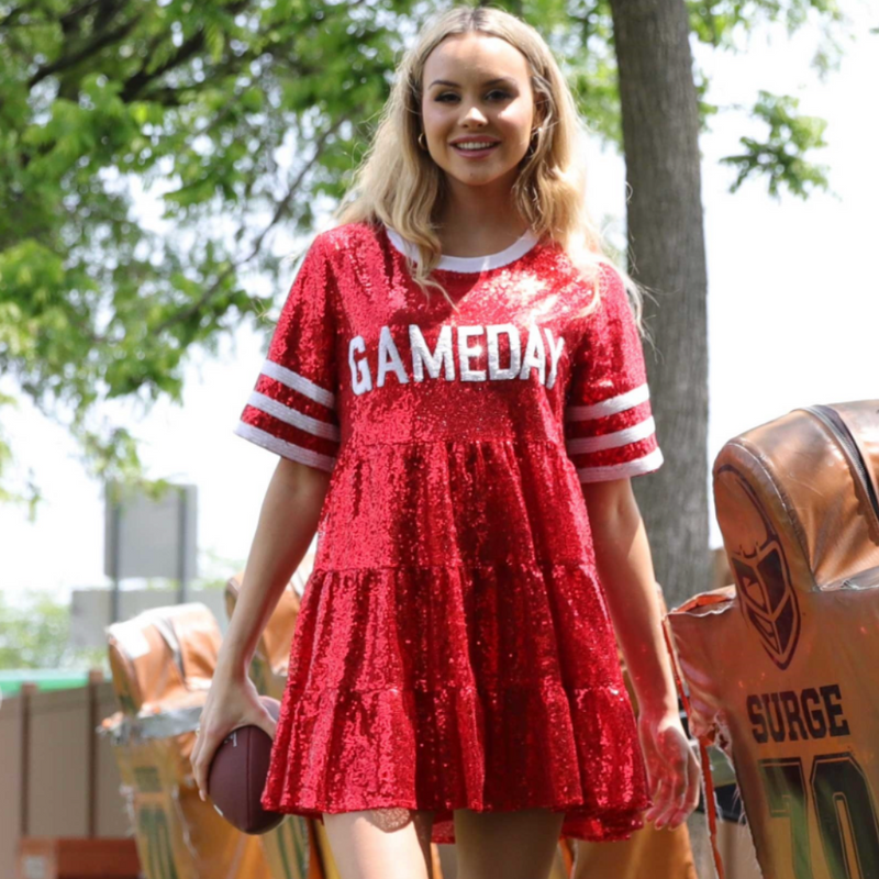 red sequin game day dress Game Day Sequin Trim Dress