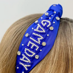 Our NEW rhinestone be-jeweled "Game Day" headbands, feature a trendy knotted design and are adorned with sparkling rhinestones and dual colored beads arranged in a playful "Gameday" pattern.