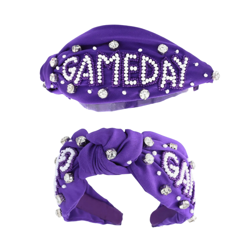 Our NEW rhinestone be-jeweled "Game Day" headbands, feature a trendy knotted design and are adorned with sparkling rhinestones and dual colored beads arranged in a playful "Gameday" pattern.  This headband is perfect for showing off your team spirit at sporting events, tailgates, or any other gameday celebration.  
