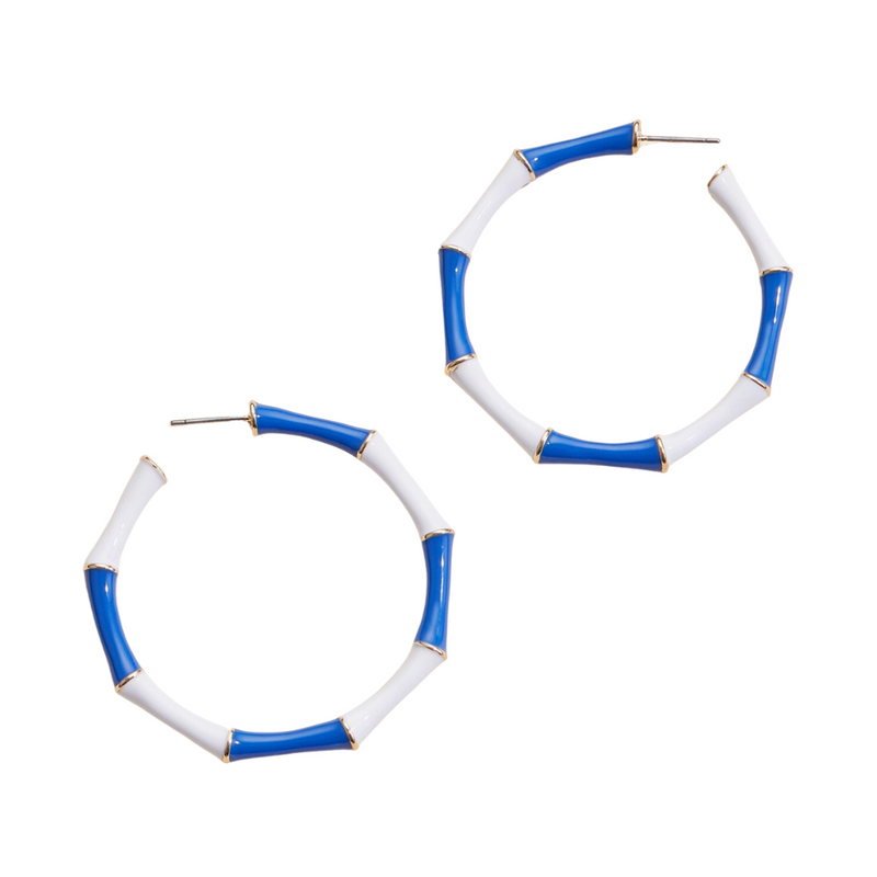 Elevate your Gameday outfit with these stunning blue and white enamel hoop earrings. Designed to add a touch of elegance and team spirit to any outfit, these earrings feature a sleek and modern design that will complement both casual and formal attire. &nbsp;Available in 6 classic team colors.