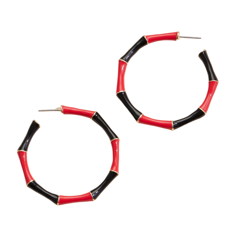 Cheer your favorite team on from the stands in these oh-so cute red and black hoops!

Perfect for any sports fan, these earrings combine vibrant colors with a playful design, making them an ideal accessory for game day or any occasion where you want to flaunt your love for your team. &nbsp;Available in 6 classic team colors.