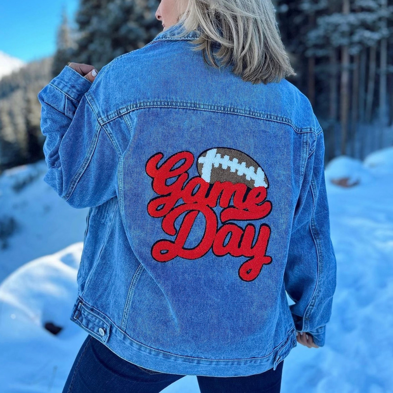 GAME DAY FOOTBALL CHENILLE PATCH DENIM JACKET RED