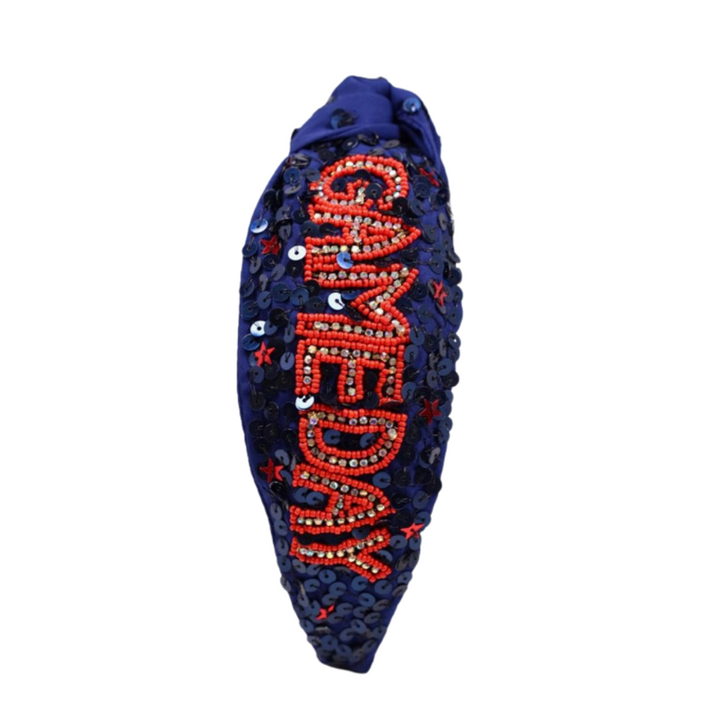 Our NEW sequin&nbsp;beaded team colored "Game Day" headbands, feature a trendy knot design and are adorned with sparkling sequins and dual colored beads.


The perfect headband for showing off your team spirit at sporting events, tailgates, or any other gameday celebration. &nbsp;