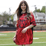 Sparkle and Shine It's Game Time!  Our NEW Gameday Sequin Bulldog dress will have you Game Time ready in no time.  Pairs perfectly with your favorite pair of white or black cowboy boots or when tailgate temperatures drop, add your favorite black leggings with booties or cute sneaks!  Tunic dress is one size. Depending on body type, it may be worn as a dress, tunic with leggings or even as a top with jeans.