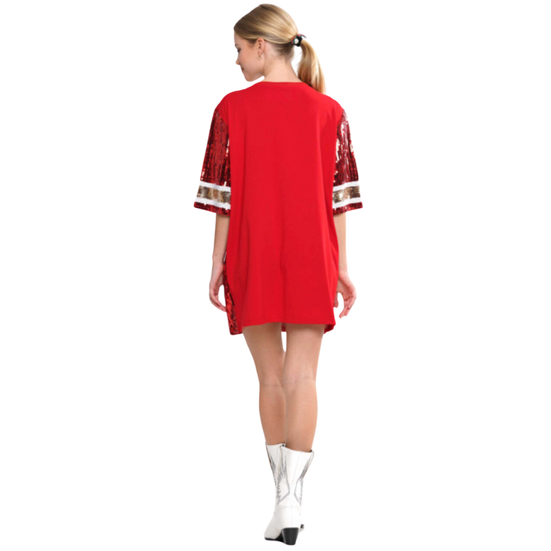 GAMEDAY SEQUIN #87 JERSEY DRESS/TUNIC/TOP - RED/GOLD/WHITE