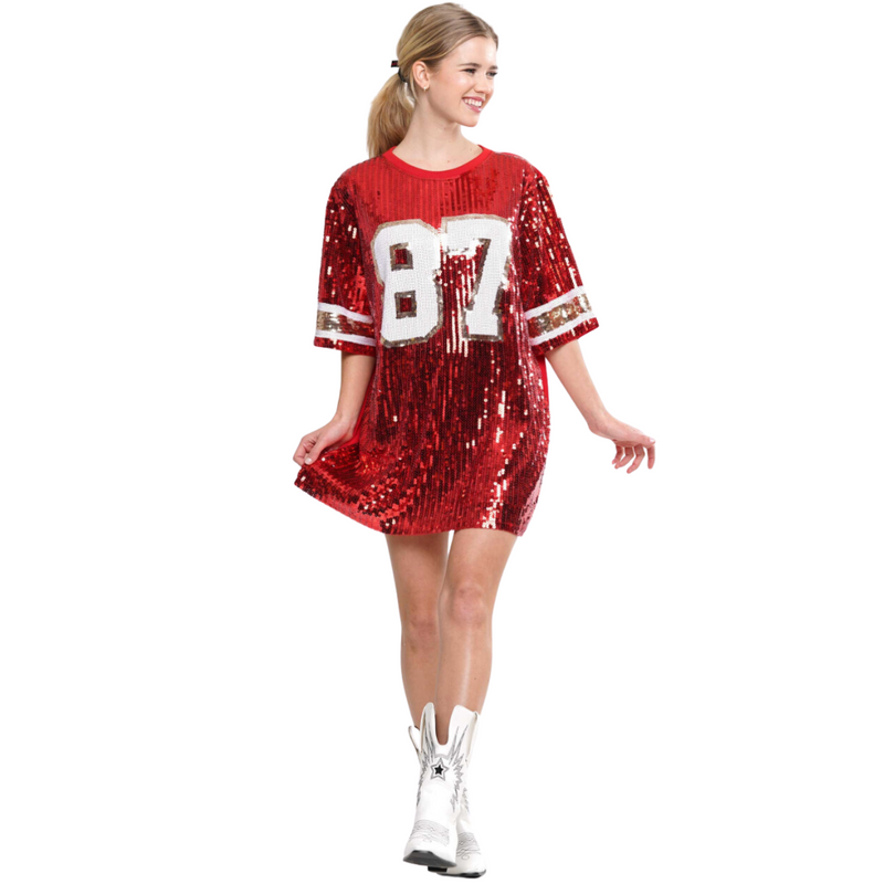 GAMEDAY SEQUIN #87 JERSEY DRESS/TUNIC/TOP - RED/GOLD/WHITE