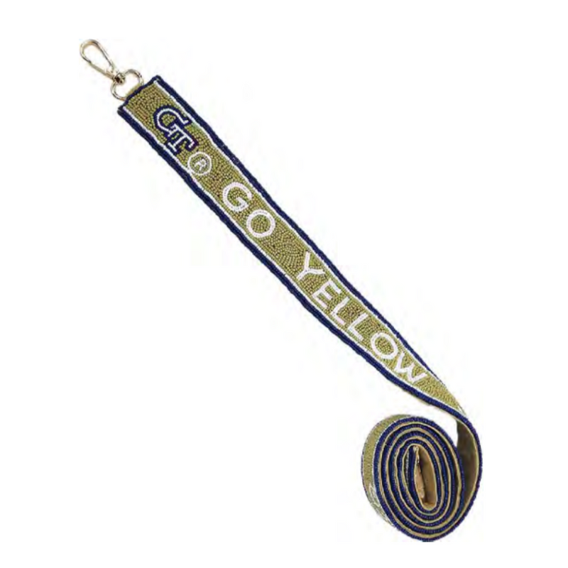 Follow the "Ramblin' Wreck" into Bobby Dodd Stadium... Elevate your clear bag status and show off your Yellowjacket spirit by accessorizing your Game Day look with our uniquely beaded GT GO YELLOW logo bag strap.