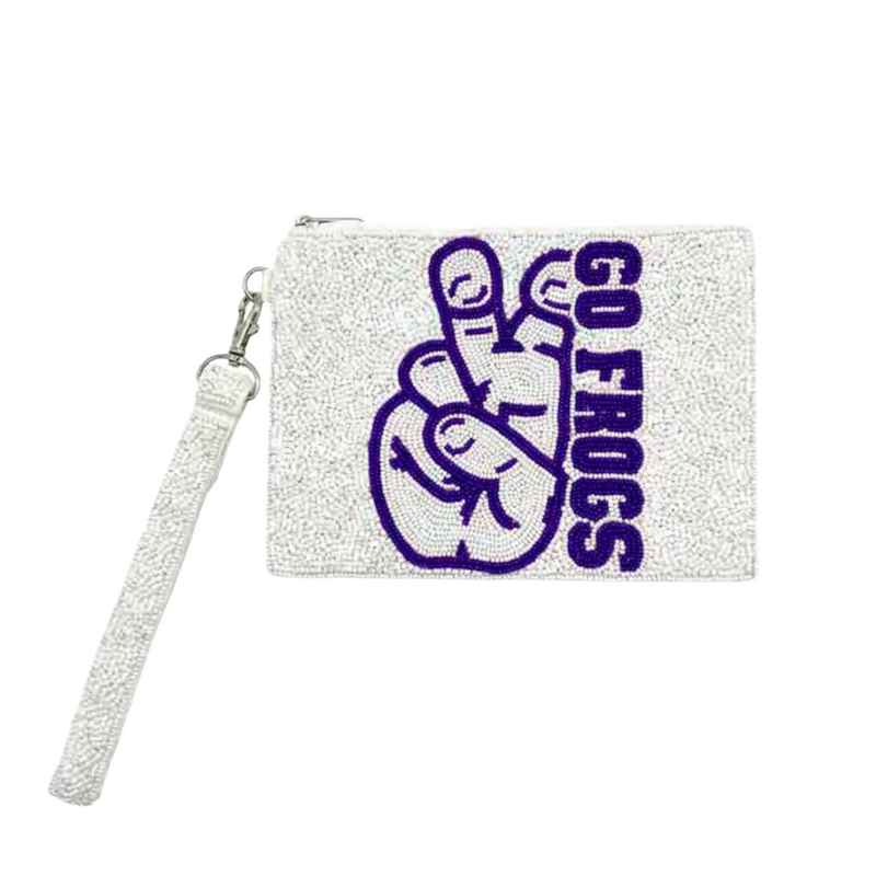 “Riff, Ram, Bah, Zoo... Give 'em Hell, TCU!”  It's time to cheer on your frogs and elevate your tailgate glam by accessorizing your Game Day look with our uniquely beaded Go Frogs beaded wristlet!  Stadium sized approved!!  Wristlet features a secure zip closure that keeps your cash, credit cards, lipstick, keys + more safe at the game!