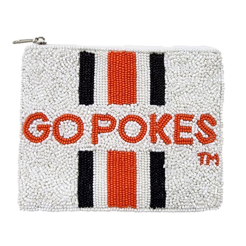 Let's Go Pokes!  It's Game Day in Stilly so lets cheer on the Cowboys in style!   Elevate your clear bag status when accessorizing your look with our uniquely beaded Go Pokes Coin Bag.  Stadium sized approved!!  Beaded coin bag features a secure zip closure that keeps your cash, credit cards, lipstick, keys + more safe at the game!