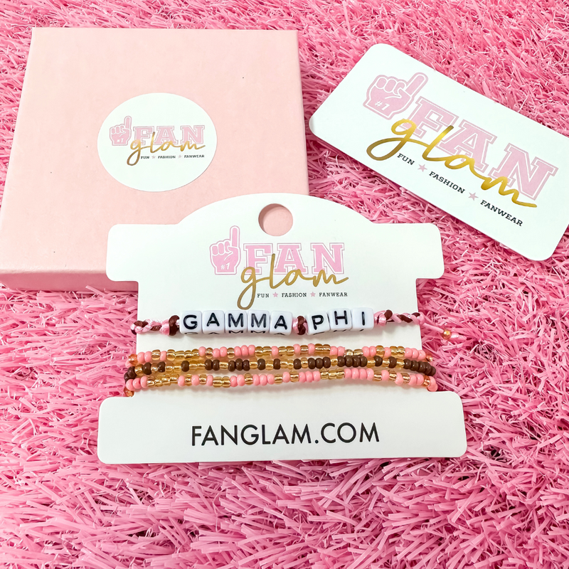 Stack your sorority spirit with the perfect arm candy to rep your sorority in style. &nbsp;Select our classic sorority braided strand for a simple, everyday vibe — or go full-on bold with our 4-strand stack, featuring a mix of stretchy beaded bracelets in fun colors and gold shimmer accents. &nbsp;

Whether you’re dressing up for bid day, big/little reveal, or just flexing your chapter pride, this set has you covered.&nbsp; Wear one or wear them all!
