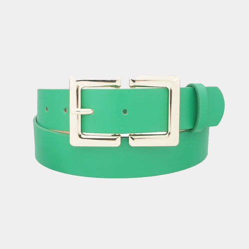 Elevate your game day style with this vibrant green fashion belt, featuring a sleek gold rectangular metal buckle.&nbsp;&nbsp;Whether you’re heading to the stadium or just want a subtle pop of spirit in your everyday outfit, this belt is the ideal accessory to tie your whole look together. Available in 3 bold game day colors!