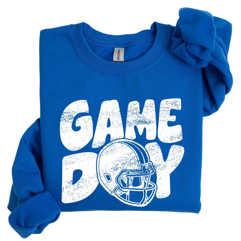 Get ready to score style points with the Game Day Football Helmet Sweatshirt in vibrant Royal Blue! Perfect for cheering on your team or hanging out in comfort, this cozy sweatshirt blends sporty spirit with laid-back vibes. Its bold color and helmet graphic bring game day energy wherever you go—because every day can feel like kickoff!