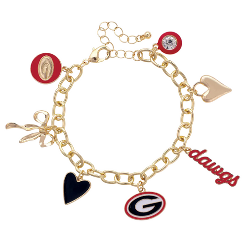 Celebrate your Georgia Bulldogs spirit with this shiny gold charm bracelet! Packed with colorful enamel icons that showcase your team pride, it’s the perfect playful accessory to brighten any outfit. Whether at the game or out with friends, wear your Bulldogs love loud and proud every day. Pre-order now to secure your stylish tribute to the Dawgs!