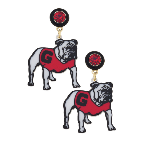 Show off your Georgia Bulldogs pride with these playful enamel logo huggie hoop earrings. Featuring the iconic Bulldogs emblem in sleek black enamel set on shiny gold hoops, they add a fun and stylish touch to any outfit. Perfect for game day or everyday wear, these earrings let you cheer on your team with a chic twist.