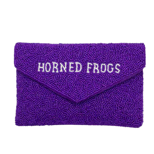 “Riff, Ram, Bah, Zoo... Give 'em Hell, TCU!”  It's time to cheer on the Horned Frogs and elevate your tailgate glam by accessorizing your Game Day look with our uniquely beaded purple Mini Clutch.  Stadium sized approved!!  Our Mini clutch features a secure snap closure that keeps your cash, credit cards, lipstick, keys + more safe at the game!
