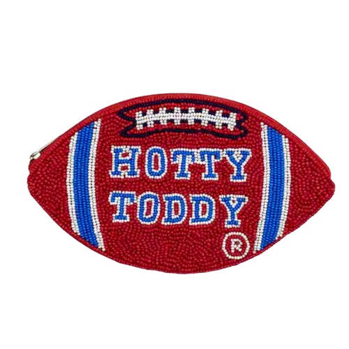 Are You Ready?!  Hell, yeah! Damn Right! Hotty Toddy, Gosh Almighty We've Got Your Game Day Glam That's Right!  Rebels, It's time to elevate your clear bag status and accessorize your Game Day ensemble with our uniquely beaded Hotty Toddy football beaded coin bag.  Featuring a secure zip closure that keeps your cash, credit cards, lipstick, keys + more safe at the game!