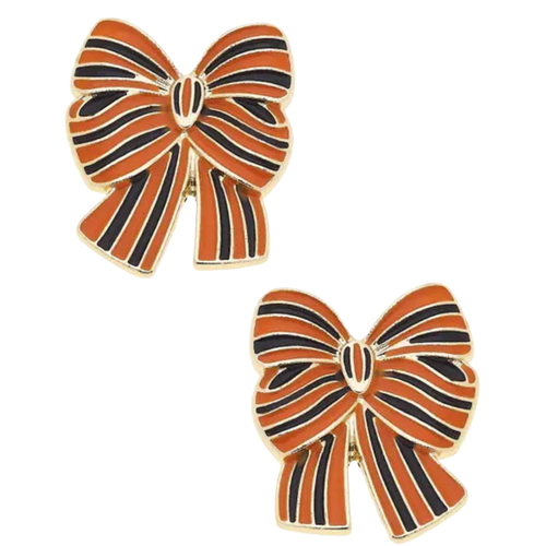Bow it up this Halloween season in our adorable orange and black striped bow stud earrings! &nbsp;Order today, get shipped today!