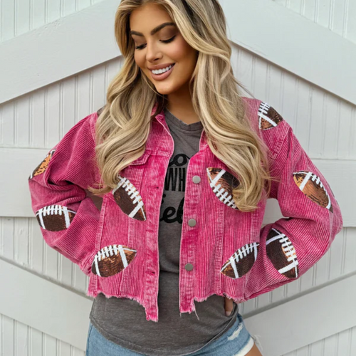 The perfect GameDay layering piece. This oh so comfy + GLAM corduroy sequin football jacket will have you GameDay ready for those cool football nights under the lights.  Layer over your favorite Gameday hoodie, tank or tee. &nbsp;Or throw on over a white v-neck with your favorite black leggings with booties or cute sneaks for a casual weekend vibe.