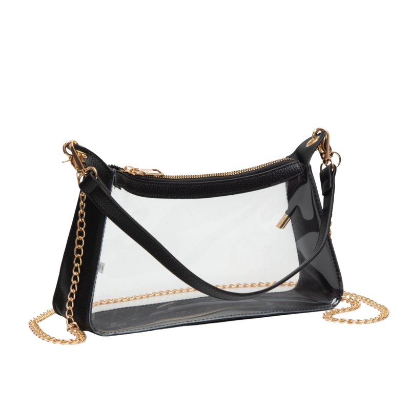 She’s classy, sassy, and stadium-approved.. The Jackie Clear Satchel brings the perfect mix of sleek style and game day glam with her structured silhouette, gold chain strap, and just the right amount of edge. Whether you're headed to the tailgate or the turn-up, Jackie’s got your back (and your lip gloss).