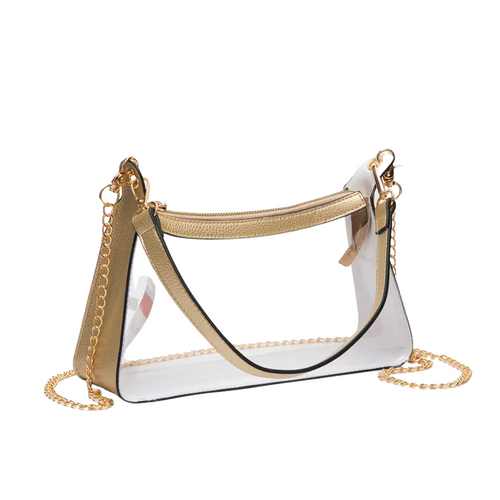 She’s classy, sassy, and stadium-approved.. The Jackie Clear Satchel brings the perfect mix of sleek style and game day glam with her structured silhouette, gold chain strap, and just the right amount of edge. Whether you're headed to the tailgate or the turn-up, Jackie’s got your back (and your lip gloss).