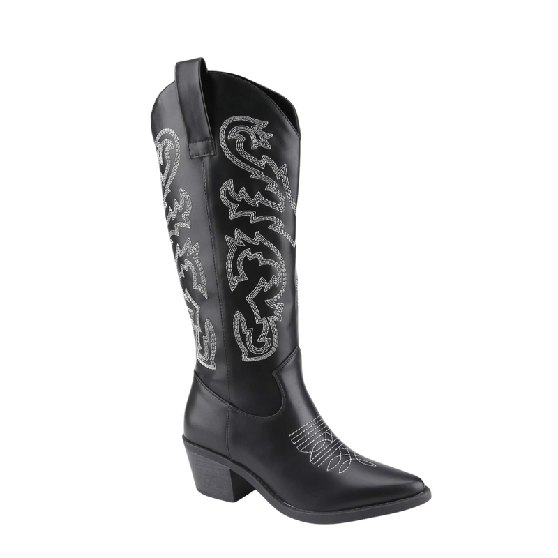 KACEY EMBROIDERED COWGIRL BOOTS BLACK WITH WHITE STITCHING