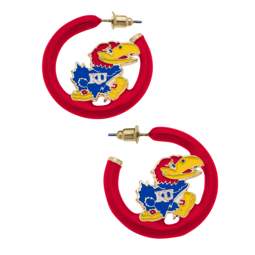 Show your team spirit and style with these striking University of Kansas Jayhawks Logo Enamel Hoop Earrings.

Whether you're heading to a game, a tailgate party, or simply want to flaunt your school pride, these earrings are a perfect choice. &nbsp;