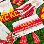 Chiefs Kingdom, are you ready to celebrate the Champs?  Get Game Day GLAM ready for the big game.  How can you say no to our newest arrival, our KINGDOM team tassel in red + gold.   Festive arm candy for all KC fans, it easily stacks with all your favorite Game Day stacks.  