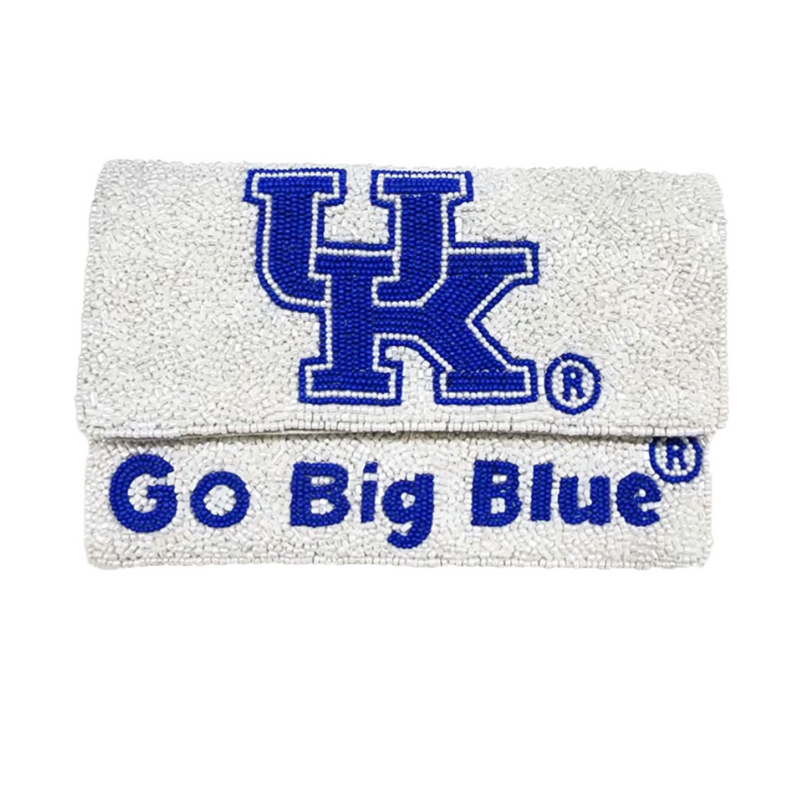 Go Big Blue! There's no better time to elevate your head-to-toe tailgate style.   Accessorize your GameDay fit with our new University Of Kentucky Game Day Collegiate beaded mini clutch.  Stadium sized approved!!  Our Mini clutch features a secure snap closure that keeps your cash, credit cards, lipstick, keys + more safe at the game!