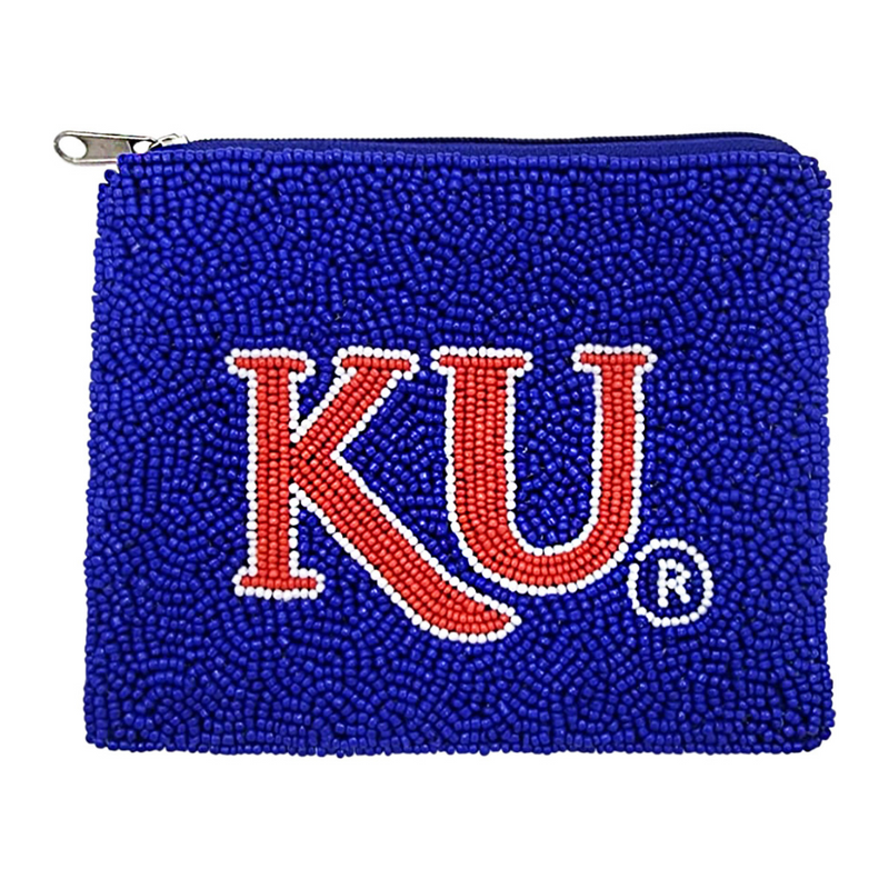 Rock Chalk Jayhawk Go KU!  Meet Us On Mass, Cause Game Days In Lawrence Is The Only Place To Be! Elevate your Game Day clear bag when accessorizing your look with our uniquely beaded KU Zip Coin Bag.  Stadium sized approved!!  Coin bag features a secure zip closure that keeps your cash, credit cards, lipstick, keys + more safe at the game!