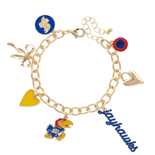Celebrate your Kansas Jayhawks spirit with this shiny gold charm bracelet, decked out in colorful enamel icons that capture the team’s energy. It’s the perfect playful accessory to brighten your day and show off your fandom wherever you go.