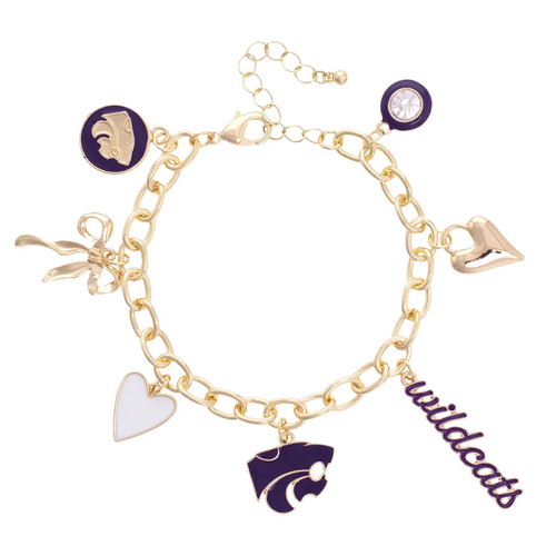 Show off your Kansas State Wildcats pride with this shiny gold charm bracelet! Packed with colorful enamel icons representing your favorite team, it’s a playful and stylish way to keep your school spirit close every day. Perfect for fans who love a little fun with their fashion!