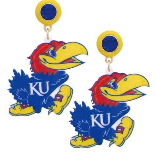 Show off yourJayhawks pride with these playful Kansas University Jayhawks Resin Mascot Earrings. Featuring the beloved mascot in vibrant red and grey resin, they add a fun and spirited touch to any outfit. Perfect for game days or everyday wear, these earrings let you celebrate your team in style.
