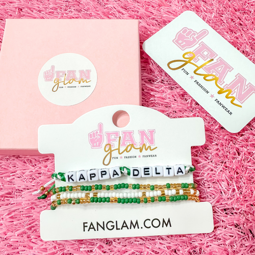 Stack your sorority spirit with the perfect arm candy to rep your sorority in style. &nbsp;Select our classic sorority braided strand for a simple, everyday vibe — or go full-on bold with our 4-strand stack, featuring a mix of stretchy beaded bracelets in fun colors and gold shimmer accents. &nbsp;

Whether you’re dressing up for bid day, big/little reveal, or just flexing your chapter pride, this set has you covered.&nbsp; Wear one or wear them all!