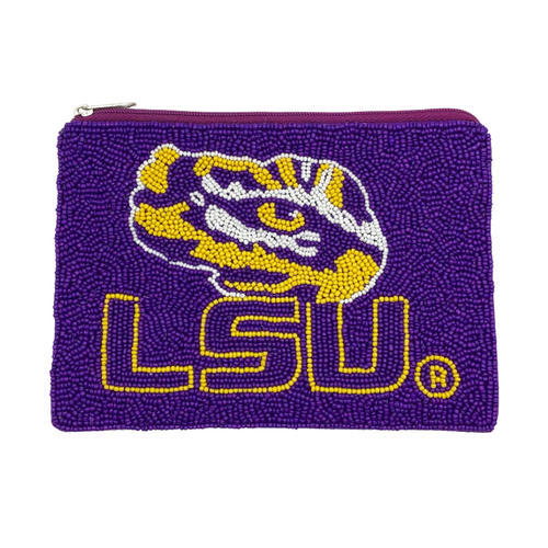 Let's Geaux Tigers!  Be GLAM in the stands while cheering on your Fighting Tigers in Death Valley.  Elevate your clear bag status by accessorizing your Game Day look with our LSU Tiger  beaded coin bag.  Featuring a secure zip closure that keeps your cash, credit cards, lipstick, keys + more safe at the game!