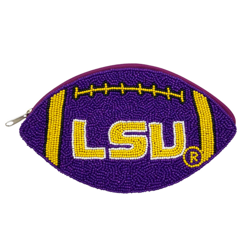 Let's Geaux Tigers!  Be GLAM in the stands while cheering on your Fighting Tigers in Death Valley.  Elevate your clear bag status by accessorizing your Game Day look with our LSU football beaded coin bag.  Featuring a secure zip closure that keeps your cash, credit cards, lipstick, keys + more safe at the game!