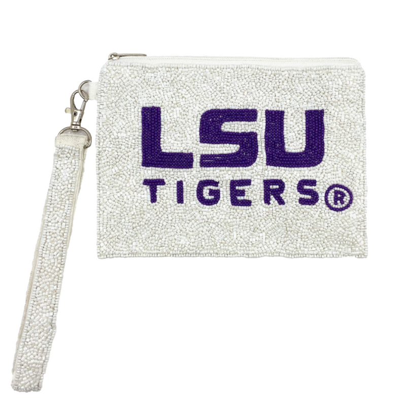 Let's Geaux Tigers!  Be GLAM in the stands while cheering on your Fighting Tigers in Death Valley.  Elevate your Game Day look with our uniquely beaded LSU Tigers wristlet!  Stadium sized approved!!  Wristlet features a secure zip closure that keeps your cash, credit cards, lipstick, keys + more safe at the game!