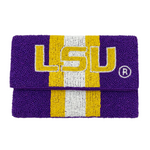 Let's Geaux Tigers!  Be GLAM in the stands while cheering on your Fighting Tigers in Death Valley.   Accessorizes your Game Day fits with our uniquely beaded purple and gold LSU Mini Clutch.  Stadium sized approved!!  Our Mini clutch features a secure snap closure that keeps your cash, credit cards, lipstick, keys + more safe at the game!