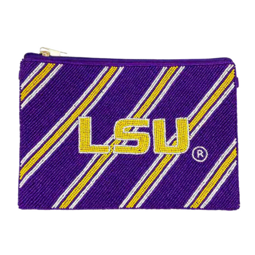 Let's Geaux Tigers! Be GLAM in the stands while cheering on your Fighting Tigers in Death Valley. Elevate your Game Day look with our LSU beaded Zipper Top Bag. Featuring secure zip closure that keeps your cash, credit cards, lipstick, keys + more safe at the game!
