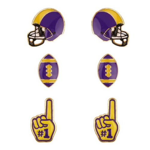 Show your PURPLE AND GOLD&nbsp;&nbsp;pride with these adorable set of 3 gameday studs! Whether you’re tailgating at the stadium or watching the game from home, these earrings are a must-have for any fan!&nbsp;  Your team pride at your fingertips! Our brand new dual colored enamel stud earrings feature a helmet, football and a #1 foam finger! Perfect size for ear stacking and great&nbsp;for all ages, the little ones will love wearing these&nbsp;as well!