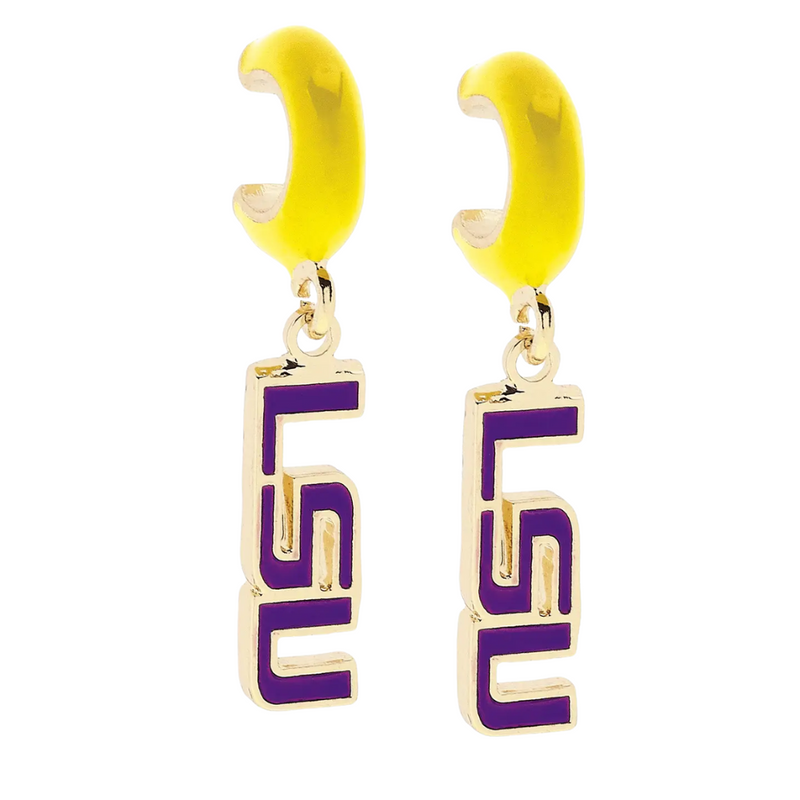 Show off your LSU pride with these playful gold huggie hoop earrings, featuring the iconic LSU Tigers logo in vibrant purple enamel. These stylish hoops add a fun pop of team spirit to any outfit, perfect for game day or everyday wear. Cheer on your Tigers with flair!