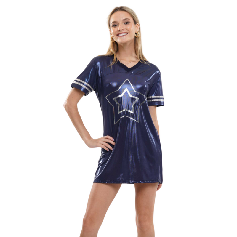 Sparkle and Shine while on the sidelines! &nbsp;Show your love for the game and cheer on your favorite Dallas Cowboys in our new Metallic Star Sequin Shine Dress!