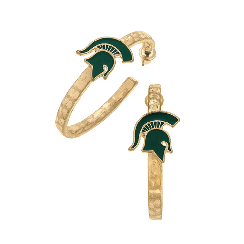 Get your Go Green! Go White! on with these fun and fierce Michigan State Spartans enamel hoop earrings! Rocking the iconic Spartan helmet in bold, glossy green on a gold hoop, they’re the perfect little power move for game days, tailgates, or just flexing your Sparty pride every day. Light, bright, and full of fight — these hoops may be small, but they pack a big Spartan Strong punch.&nbsp;