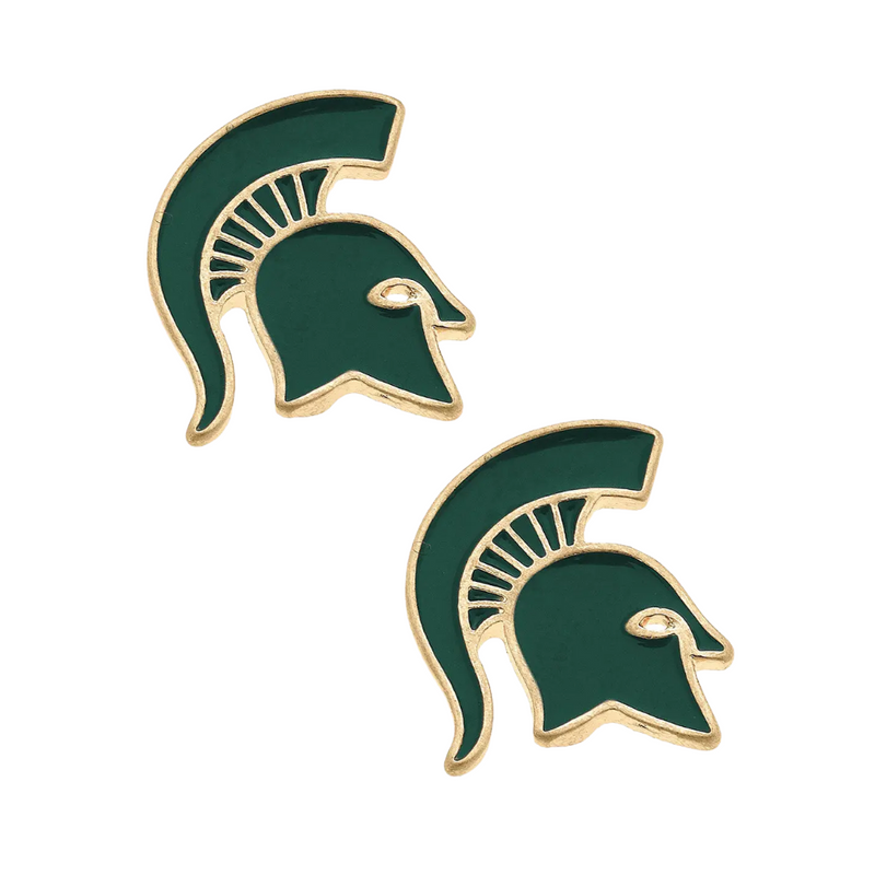 Get your Go Green! Go White! on with these fun and fierce Michigan State Spartans enamel stud earrings! Rocking the iconic Spartan helmet in bold, glossy green and white, they’re the perfect little power move for game days, tailgates, or just flexing your Sparty pride every day. Light, bright, and full of fight — these studs may be small, but they pack a big Spartan Strong punch.&nbsp;