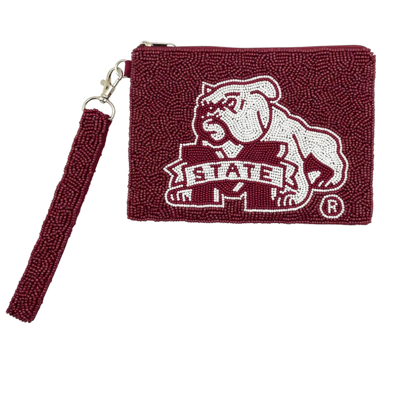 Hail State!  Show your true maroon team spirit when accessorizing your Game Day look with our uniquely beaded Mississippi State Bulldogs wristlet. Let's Go Dawgs!  Stadium sized approved!!  Wristlet features a secure zip closure that keeps your cash, credit cards, lipstick, keys + more safe at the game!