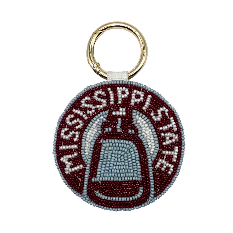 Hail State!  Show your true maroon team spirit when accessorizing your Game Day clear bag with our uniquely beaded Mississippi State Cowbell Beaded Key Chain / Bag Charm.