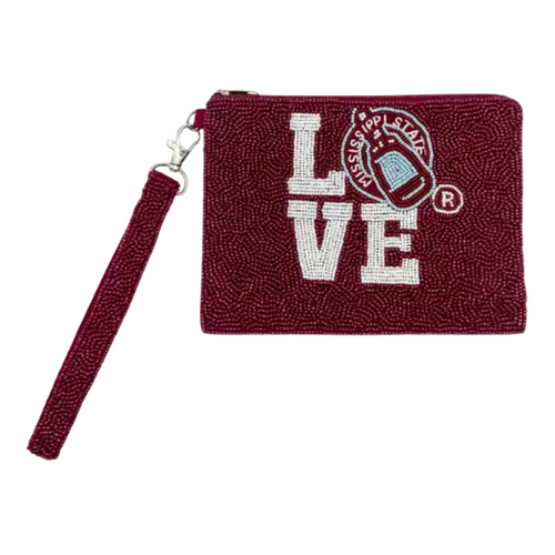 Hail State! Show your true maroon team spirit when accessorizing your Game Day look with our uniquely beaded Mississippi State Bulldogs Love Wristlet! Let's Go Dawgs! 